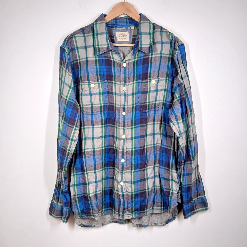 True Grit Shirt Men Extra Large Blue Green Plaid Cotton Button Up Casual